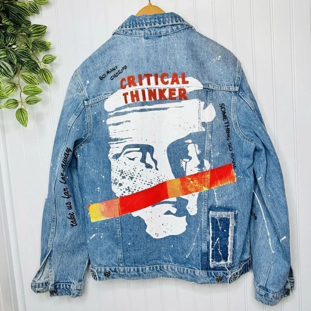 Zara Men’s Sz M Jean Denim Jacket Critical Thinker So Many Choices Just Light